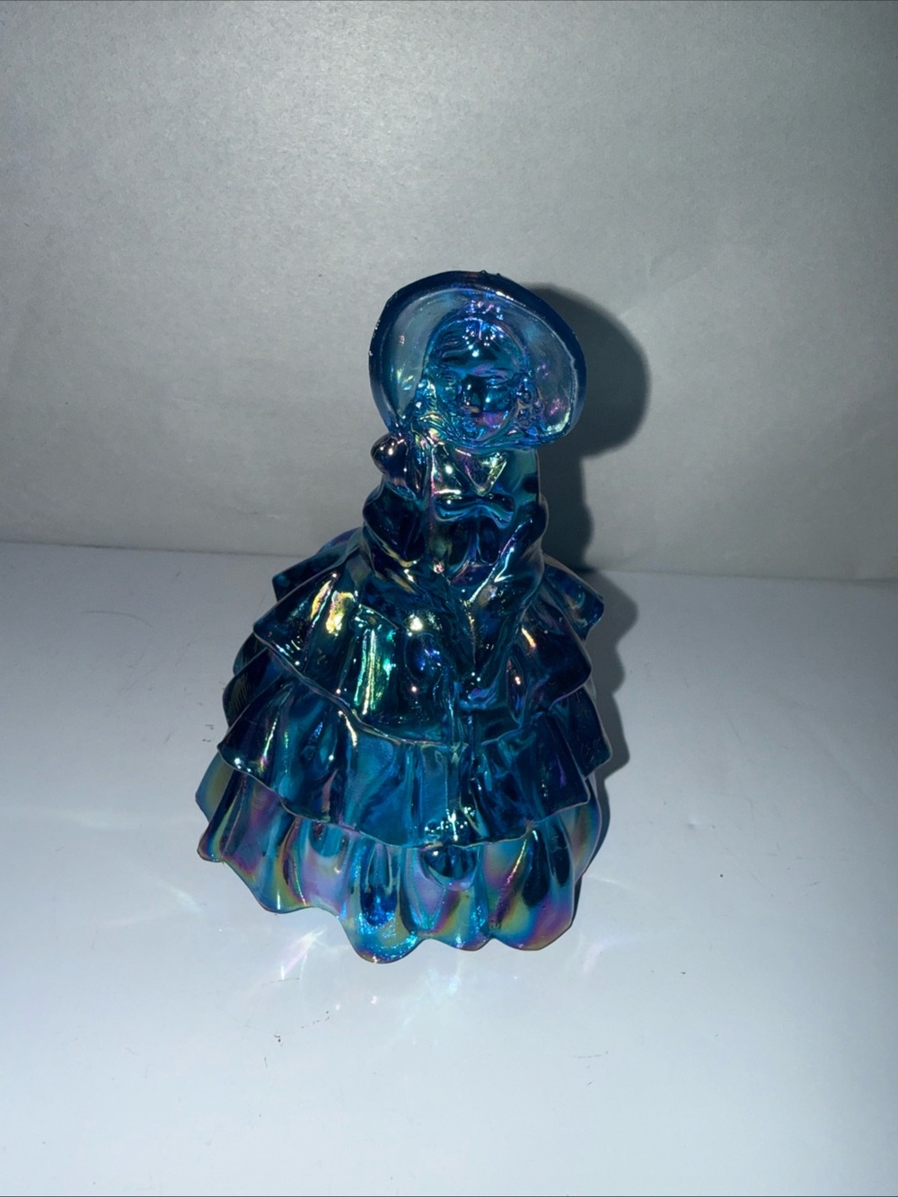 Wheaton Iridescent Blue Carnival Glass Southern Belle Lady Figurine 1960 VTG 5”